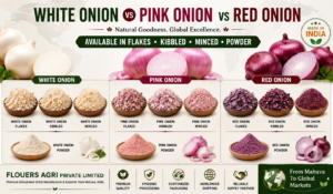 Dehydrated Onion Exporter in Mahuva, Gujarat – White, Pink and Red Onion Flakes Manufacturer from India