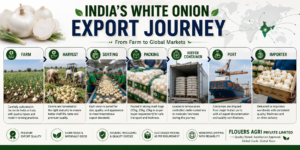 India's white onion export journey from farm, harvest, sorting, packing, reefer container, port to global importer.