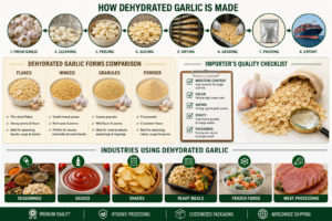 Premium Dehydrated Garlic Products including Garlic Flakes, Garlic Minced, Garlic Granules, and Garlic Powder manufactured and exported from India by Flouers Agri Private Limited.