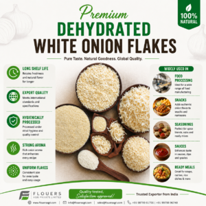 Dehydrated White Onion Flakes manufacturer exporter supplier India Flouers Agri Pvt Ltd